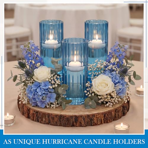 6 Pcs 8 Inch Tall Glass Ribbed Cylinder Vases Clear Floating Candle Flower Vase in Bulk, Hurricane Candle Holder for Wedding Housewarming Gift Table Centerpieces(Blue) - color: Blue, size: 8 Inch