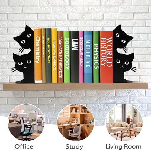 Peeping Cat Bookends for Shelves Decorative, Metal Book Ends for Heavy Books Book Stopper for Office Home Cute Desk Bookshelf Decor Cat Lover Gifts for Women (Black) - color: Black Cat