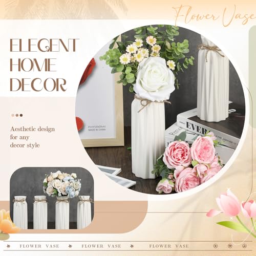 FoldTier 4 Pack White Bud Vases Ceramic for Centerpieces 8.27 Inch White Vase for Flowers with Rope for Wedding Party Dining Table Home Bedroom Kitchen Office Decoration