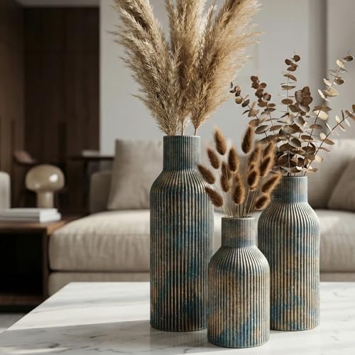 Ceramic Ribbed Vase Set of 3, Modern Farmhouse Decorative Vases in Vintage Blue, Assorted Sizes (5.9"/7.8"/9.8") for Pampas Grass, Living Room, Shelf and Table Centerpiece - color: Vintageblue