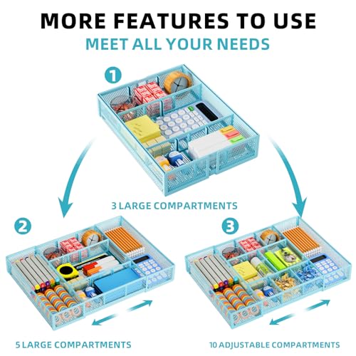 Marbrasse Expandable Desk Drawer Organizer, Mesh Drawer Organizer Tray with 10 Adjustable Compartments, Desk Organizers and Accessories for Office Supplies, Makeup & Vanity (Expandable-Blue) - color: Expandable-Blue