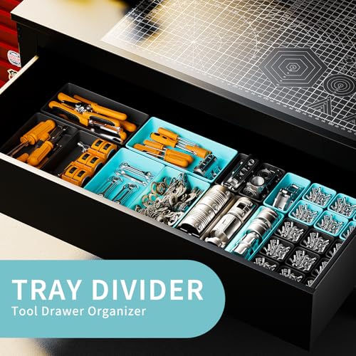 [5 Sizes] [69 PCS] Tool Drawer Organizer, Tool Box Desk Drawer Tray, Rolling Tool Chest, Toolbox Organizer (Black+ Sky Blue) - color: Black+ Sky Blue