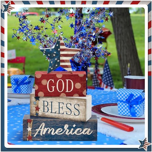 CroBlissful 4 Pcs 4th of July Decorations Patriotic Memorial Day Tabletop Decorations Red White Blue Table Centerpieces Sign for Office Tiered Tray Home Shelf 250th Anniversary(Star Independence Day) - style: Star Independence Day