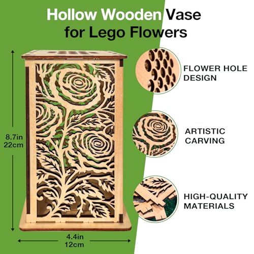 Rose Wooden Vase for Lego Flowers,Display Stand for Lego botanicals,Elegant Rose-Style Hollow Pattern Vase for Flower Lovers (Wood) - color: Wood-rose