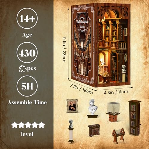 Book Nook Kit with Dust Cover & Stickers, Dust Cover, Bookshelf Insert Decor for Birthday, 3D Wooden Bookends Puzzle, Miniature Dollhouse Kit for Adults, Teens, Beginners（Philosophical Library） - style: Philosophical Library