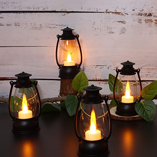 12Pcs Mini Lantern for Cowboy Halloween Christmas Wedding, Black 6" Candle Lantern with Flickering LED for Camping Western Party Decorations, Table Centerpiece, Hanging Lamp Ornaments Bulk - color: Black-12pcs