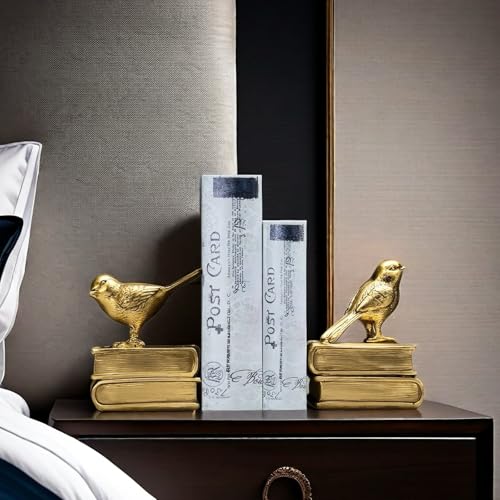 Home Decorative Gold Birds & Books Vintage Design Resin Bookshelf Bookends,Paper Weights, Book Ends,Bookend Supports, Book Stoppers, Set of 2