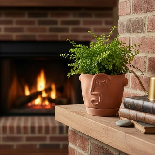 HERDUK 6 Inch Terracotta Abstract Face Planter with Drainage & Saucer – Artistic Ceramic Flower Pot for Indoor Plants, Boho Home Decor, Unique Gift for Plant & Art Lovers - size: 6 Inch
