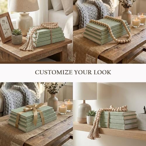Decorative Books for Home Decor-Set of 4 Real Linen Decorative Books, Stacked Books with Wood Bead Garland, Jute Twine & Satin Ribbon, Neutral Modern Farmhouse & Boho Shelf Decor (Sage) - color: Sage