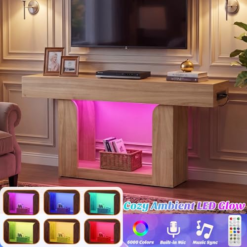 Homieasy Console Table, 63" Entryway Table with LED Lights & Charging Station, Farmhouse Wooden Sofa Table Behind Couch, Narrow Hallway Table for Living Room, Foyer, Entry, Natural Oak - color: Natural Oak, size: 63"