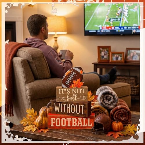 Yuntau 4 Pcs Football Fall Table Decorations Football Tiered Tray Decor Rustic Autumn Wooden Blocks Sign It's Not Fall Without Centerpiece Decorative Faux Book Sign for Room Coffee Table Mantel Shelf - style: Football Fall