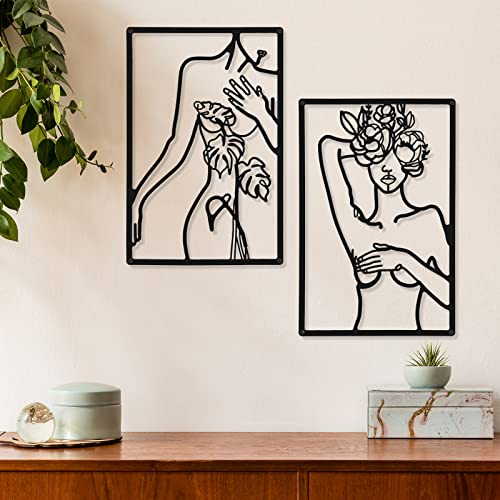 CHENGU 3 Pieces Metal Minimalist Abstract Woman Wall Art Line Drawing Wall Art Decor Single Line Female Home Hanging for Kitchen Bathroom Living Room - style: Body with Flower