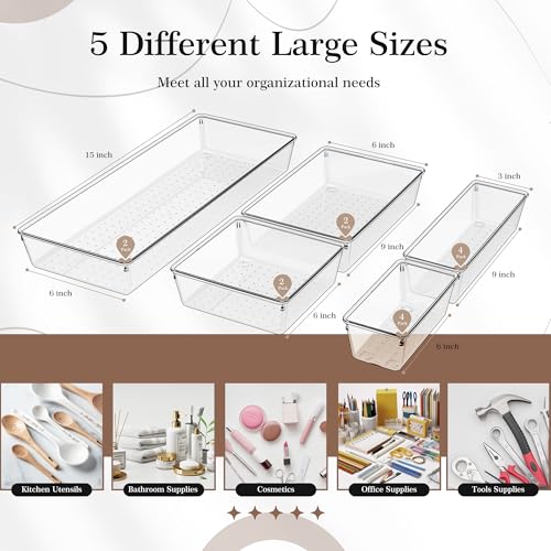 Criusia 14 PCS Clear Plastic Drawer Organizer Set - 5 Large Size Versatile Kitchen and Bathroom Organizer Trays, Non-Slip Storage Bins for Makeup, Utensils, Tool and Office Desk - size: 14PACK