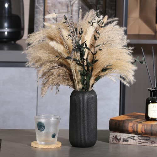 Bohemian Black Ceramic Vase - for Pampas Grass, Mantel, Bookshelf, Entryway and Living Room Decor (Black, 8in-Pill) - color: Black, size: 8in-Pill