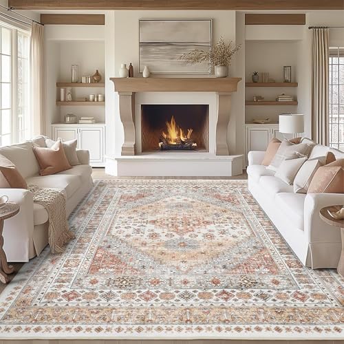 zesthome 8x10 Area Rugs for Living Room,Non-Slip Backing Washable Rugs,Vintage Large Area Rug，Stain Resistant Home Decor Rug (Orange,8'x10') - color: Orange, size: 8' x 10' (Rectangular)