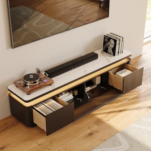 POVISON Fully Assembled 71" Mid-Century Modern TV Stand with LED Lights, White Glossy Sintered Stone Top Media Console for 65 Inch TV, Drop-Down Doors & Drawers, Open Storage for Living Room - color: White & Black, size: 71"