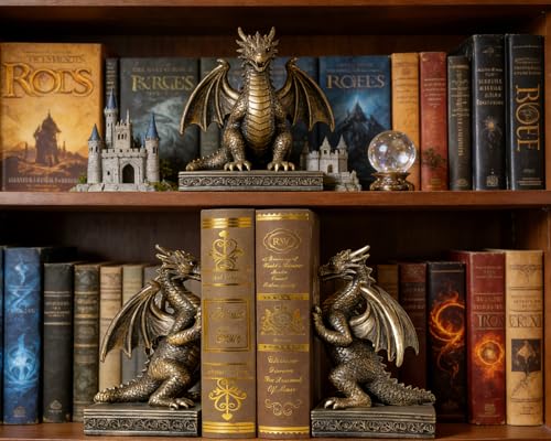 Dragon Statue Decorative Bookends for Shelves, Antique Gold Dragon Statue Home Office Decoration, Fantasy Dragon Figurine Enthusiasts Gifts - color: Antique Gold