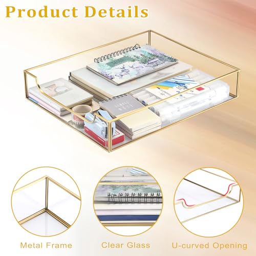 BTSKY 1 Pack Golden Glass Desk Tray, Multi-Purpose Organizer for A4 Paper, Documents, Desk Supplies, Makeup, Clear File Tray with Metal Frame, Stackable Decorative Storage for Home Office Vanity
