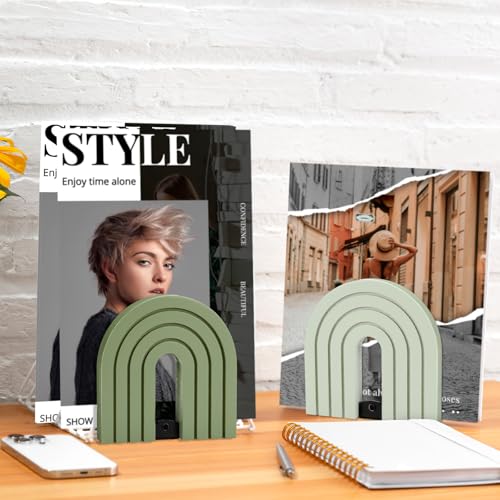 FYSUIMU 4Pcs Boho Sage Green Arch Wood Bookends Non Skid Book Stoppers Rainbow Shape Wooden Book Stands for Heavy Books Home Office Library Kitchen
