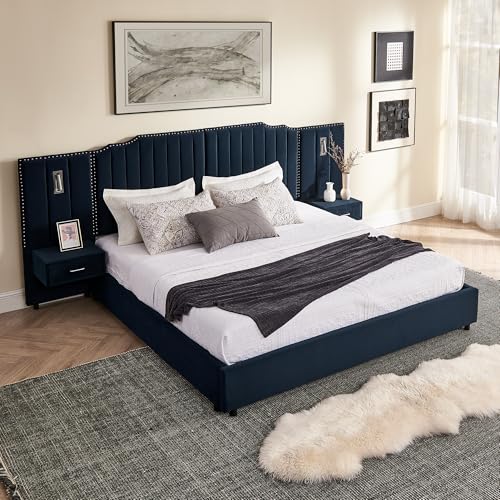 Luxury King Size Bed Frame with LED Lights and Nightstands, Oversized Velvet Upholstered Platform Bed Frame with Extra Wide Headboard, Button Tufted Design, No Box Spring Needed, Dark Blue | Breathable material - color: Dark Blue-velvet, size: King