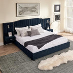 Luxury King Size Bed Frame with LED Lights and Nightstands, Oversized Velvet Upholstered Platform Bed Frame with Extra Wide Headboard, Button Tufted Design, No Box Spring Needed, Dark Blue | Breathable material - color: Dark Blue-velvet, size: King