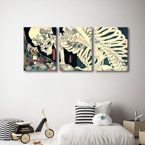Wieco Art 3 Piece Witch and Skeleton Ukiyo-E by Utagawa Takiyasha Historic Cultural Illustrations for Living Room Bedroom Home Decorations Landscape Artwork - color: Witch and Skeleton, size: 12 x 16 inches (Unframed)