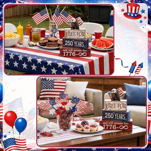 CroBlissful 4 Pcs 250th Anniversary 4th of July Decorations Patriotic Memorial Day Tabletop Decorations America Eagle Red White Blue Table Centerpieces USA Sign for Office Tiered Tray Home Shelf - style: 250 Years