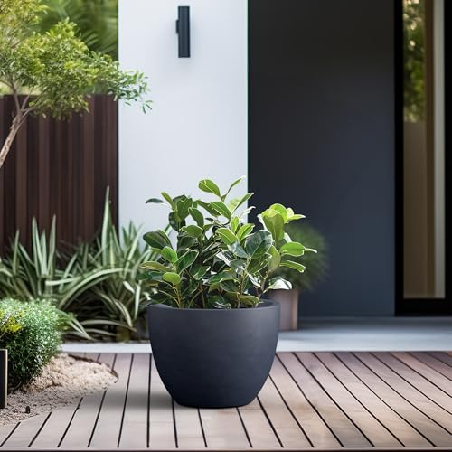 Kante 14.2 Inch Round Concrete Planter - Classic Large Indoor/Outdoor Plant Pot with Drainage Hole and Rubber Plug, Suitable for Gardens and Patios, Charcoal - color: Charcoal, size: 14.2"Dia x 10.6"H
