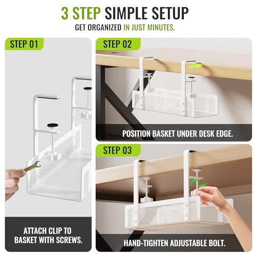 [Upgraded] 2 Pack Cable Management Under Desk Tray, Xpatee 27.6" No Drill Open Slots Cable Management Tray, Cord Wire Organizer Box with Clamp for Table Thickness up to 3" - No Desk Damage(White) - color: White, size: 2 Pack (Upgraded Mesh)