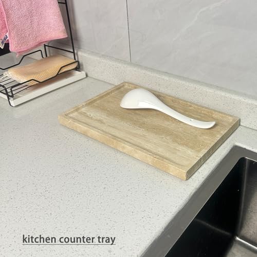 Travertine Stone Tray for Coffee Table, 12 x 8 inch Rectangle Marble Vanity Tray for Bathroom Countertop, Decorative Dish for Perfume Jewelry (Beige Travertine)