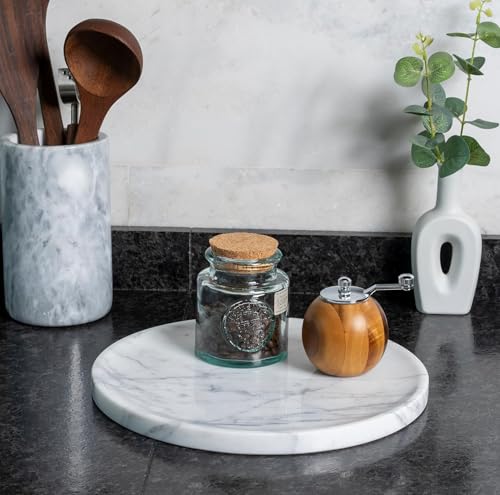 Natural Marble Decorative Tray for Bathroom Bedroom Kitchen Dresser, 11” Round Vanity Trays for Jewelry, Perfume, Cosmetic, Candle, Countertop Storage Organizer for Home Decor White, Arabescato - color: Arabescato, size: 10.9"