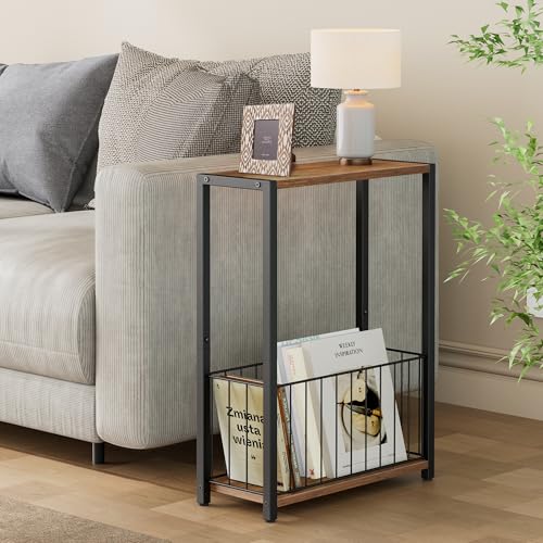 Homleke Narrow Side Table with Magazine Holder, Skinny End Table Perfect for Small Spaces, Space-Saving Design for Living Room, Bedroom, or Office, 7.1" D x 16.9" W x 23.6" H, Rustic Walnut - color: Rustic Walnut - Standard