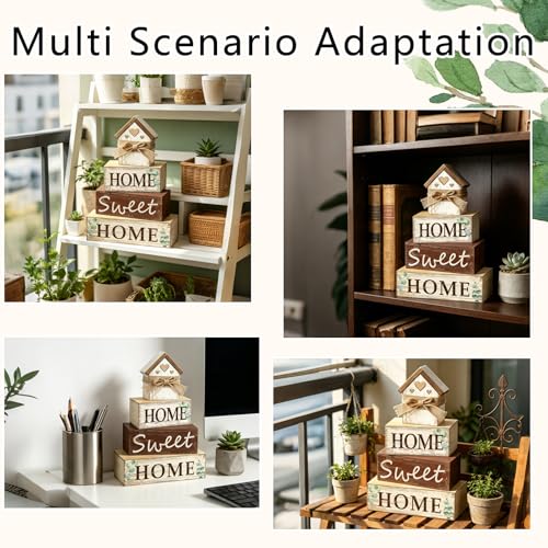 4 Pcs Farmhouse Tiered Tray Decor Home Sweet Home Rustic Wooden Tabletop Sign Neutral Heart House Shaped Shelf Mantle Kitchen Decoration Housewarming Gifts - style: Home