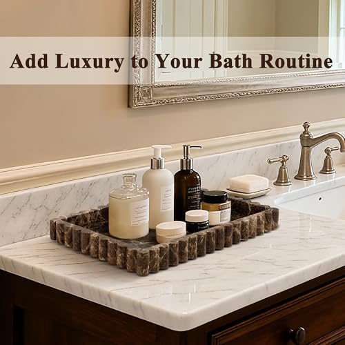YMXYJM Natural Marble Tray for Bathroom, Real Stone Decorative Vanity Tray with Fluted Edge, Large Marble Serving Storage Tray for Kitchen Counter, Dresser, Home Decor, 11.8" x 8", Dark Brown - color: Dark Brown