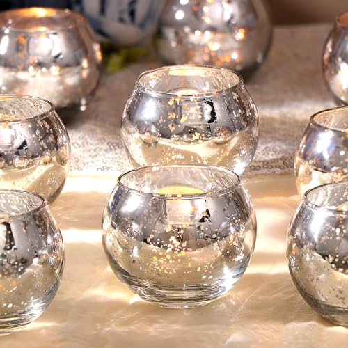 LAMORGIFT Silver Votive Candle Holders Set of 12 - Mercury Glass Votives Candle Holder - Christmas Tealight Candle Holder for Home Decor and Weddings/Parties Table Centerpieces - color: Silver