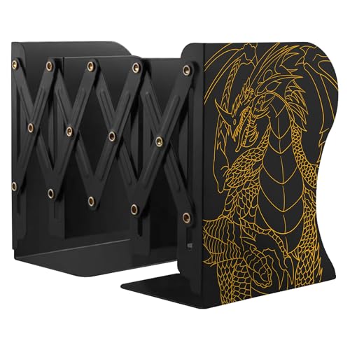 Dragon Bookends, Adjustable Bookends, Unique Book Holders for Shelves, Metal Book Ends for Heavy Books, Non-Skid Book Stander for Desk, Shelf, Office, Stationery Gift (Black) - color: Black