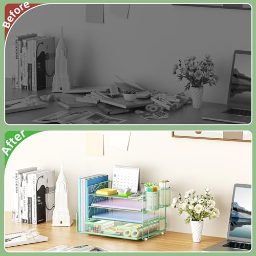 Marbrasse Desk Organizer and Accessories，4-Tier Paper Letter Tray Organizer with File Holder, Desk Accessories & Workspace Organizers with Drawer and 2 Pen Holder (Green, 15.4" x 9.1" x 8.3") - color: Green