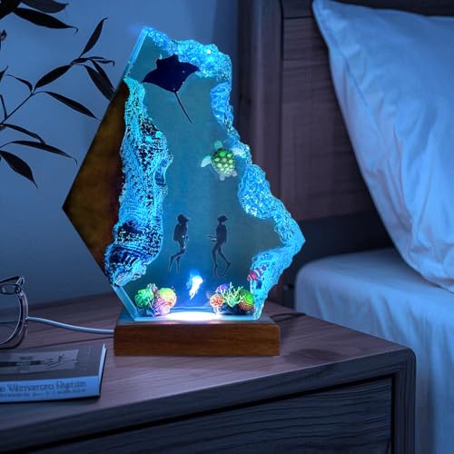 Scuba Diving Resin Ocean Lamp,Handmade 3D Ocean Night Light With Woodden Base,Variable Lights, Scuba Diver Gifts,Diving Enthusiast Collectibles, Unique Birthday Holiday Gifts for Men & Women (L12"x8") - color: Scuba Divers, size: L