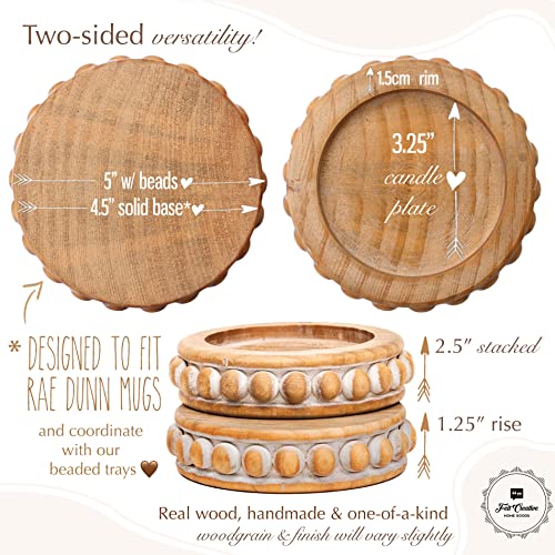 Candle Pedestal [Set of 2] Round Rustic Wood Beaded Risers - Sturdy 2-Sided Stackable Decor Pedestal Stands for Tiered Tray, Candle, Mug Display, Risers Display Stands (Rustic Brown, 5 inch)