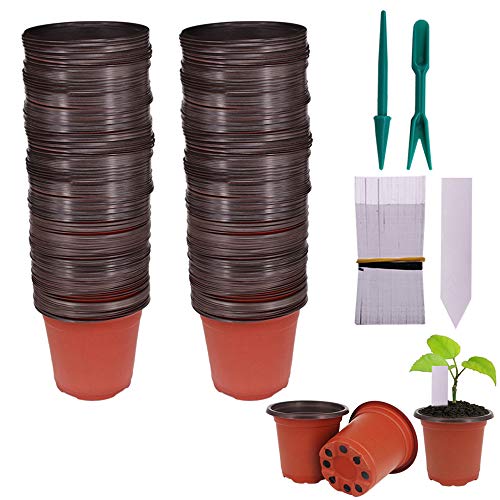 100 Pcs 4" Plastic Seedlings Plants Nursery Pots with 100 Pcs Waterproof Plastic Plant Tags and 2Pcs/Set Transplanting Digging Mini Tools - size: 4 inch(100pcs)