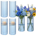 6 Pcs 8 Inch Tall Glass Ribbed Cylinder Vases Clear Floating Candle Flower Vase in Bulk, Hurricane Candle Holder for Wedding Housewarming Gift Table Centerpieces(Blue) - color: Blue, size: 8 Inch