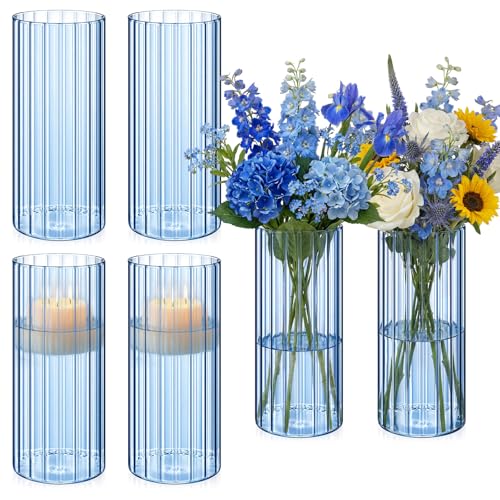 6 Pcs 8 Inch Tall Glass Ribbed Cylinder Vases Clear Floating Candle Flower Vase in Bulk, Hurricane Candle Holder for Wedding Housewarming Gift Table Centerpieces(Blue) - color: Blue, size: 8 Inch