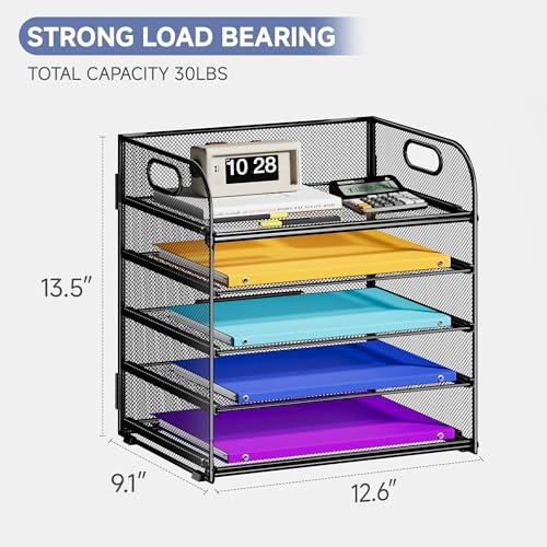 Cawukege 5 Tier Paper Organizer with Handle, Black Metal Mesh Desk Organizer File Folder Paper Letter Tray Desktop Document Sorter for Classroom, School, Office Accessories Organization and Storage - color: Black