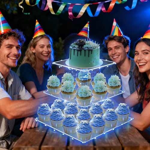 YestBuy 3 Tier Square Cupcake Stand - Premium Cupcake Holder - Acrylic Cupcake Tower Display - Cady Bar Party Décor + LED Light String - Ideal for Weddings, Birthday Parties( Blue Light) - color: Blue, size: 3 Tier Square