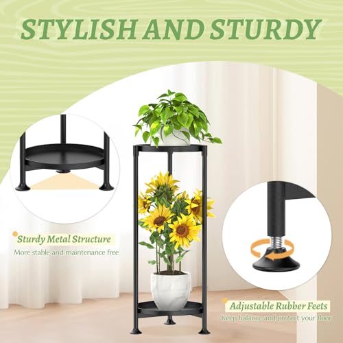 KMOTASUO 2 Tier Plant Stand Indoor for Large Tall Heavy Duty Planter, Multiple Sturdy Metal Flower Corner Rack for Narrow House Floor, Iron Vertical Level Round Orchi Holder Organizer, Black - color: Black, size: 2 Tier