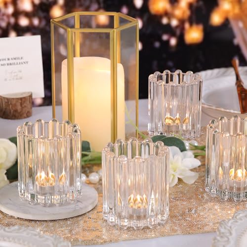 HAVITI Glass Clear Votive Candle Holder, Ribbed Votive Candle Holders Set of 12, Tealight Candle Holder for Wedding Centerpieces Dinner Party Table Decor - color: Clear