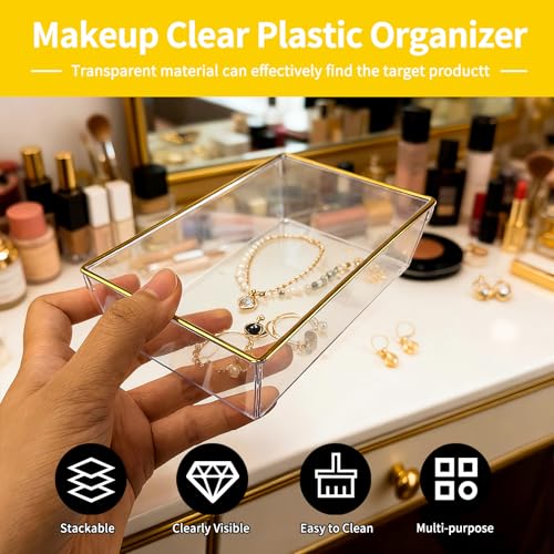 4 Pack Large Size Clear Stackable Drawer Organizer Trays, Gold Rim Makeup Drawer Storage Tray Divider, Desk Storage for Makeup, Jewelry, Bathroom, Stationary, Kitchen Utensils and Office Desk - color: Gold, size: 4 PACK