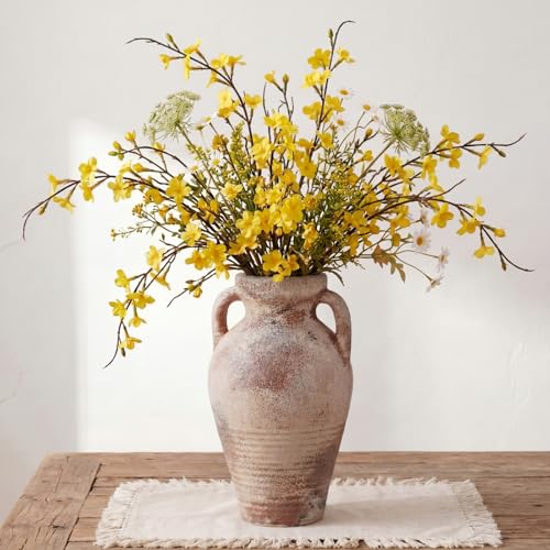 11 Inch Ceramic Flower Vase with 2 Handles Tall Terracotta Rustic Floor Vase for Centerpieces Decorative Small Vintage Farmhouse Vases for Home Decor, Table, Living Room