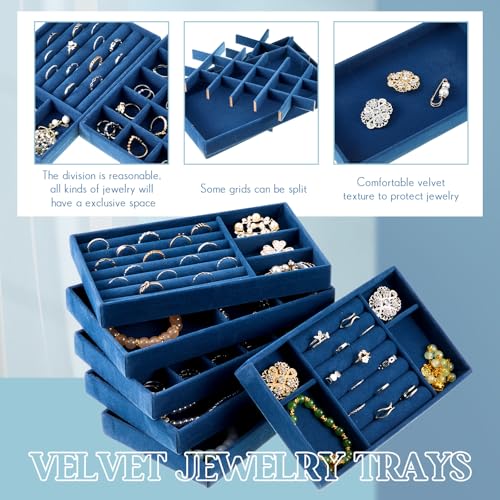 Junkin 18 Pcs Velvet Jewelry Tray, Stackable Jewelry Organizer Trays for Drawer, Jewellery Box Divided Display Tray, Jewelry Inserts for Drawer for Rings Earring Bangle Necklaces(Peacock Blue) - color: Peacock Blue