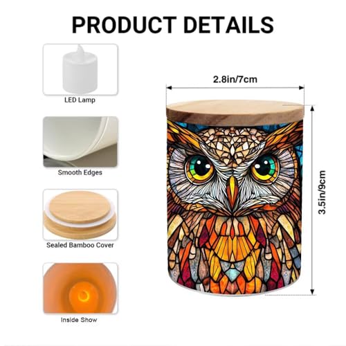 Owl Stained Glass Candle Jar Tea Light Holder, Battery Operated Tealight Candle Holders Flickering Tea Light, Vintage Glass Candlesticks Tea Light Jar Inspiration Trinket Jar Makeup Tube - color: Owl